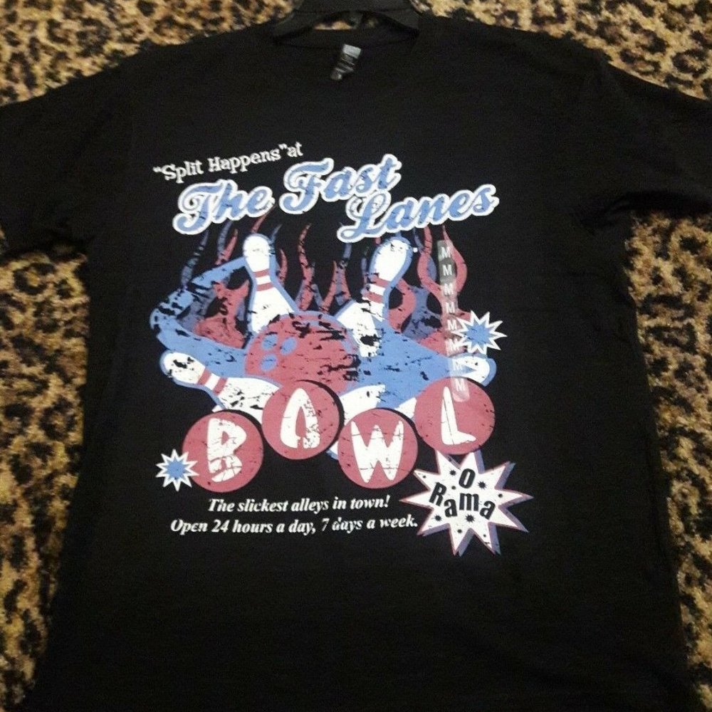 Split $hit Happens O Rama BOWLING Retro T Shirt Black Mens Fast Lanes 24 hours M - Picture 2 of 3